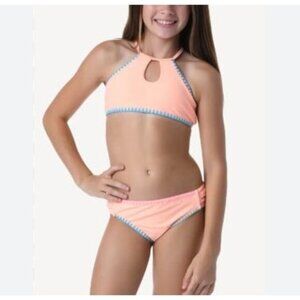 Hobie Kids Sandy Shells Keyhole High Neck Bikini Set Halter Peach & Blue Size 16